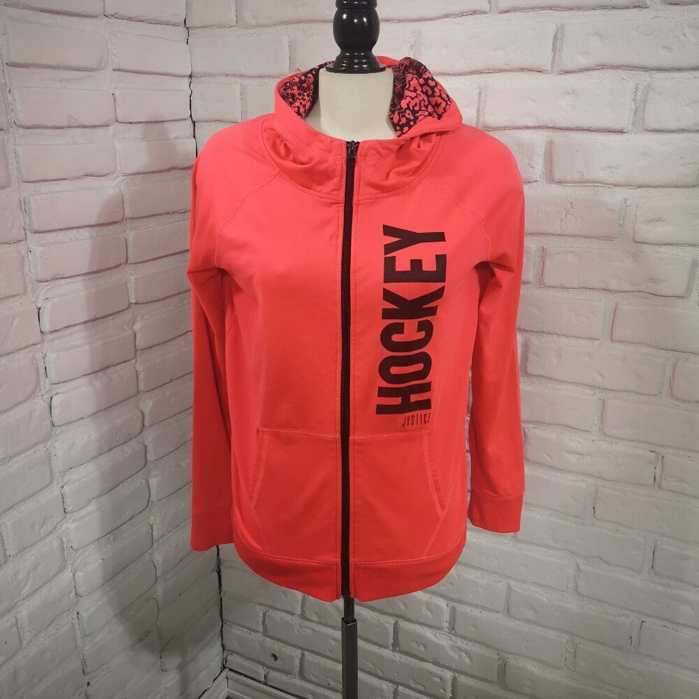 Justice Active Youths Size 20 Orange/Pink & Black Full Zip "Hockey" Hoodie